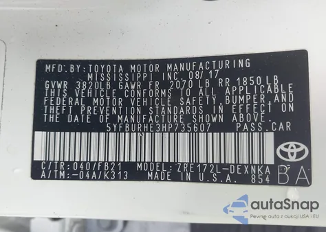 2017 Toyota Corolla Le z USA, uszkodzony, nr VIN 5YFBURHE3HP735607